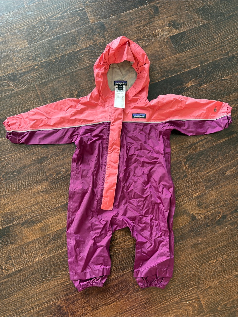 Patagonia Kids Two-Tone Coral and Magenta Hooded Rain Coverall